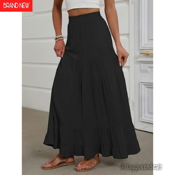 Maxi Skirt Elastic High Waist Tiered A-Line Flowy Boho Long - Picture 4 of 8